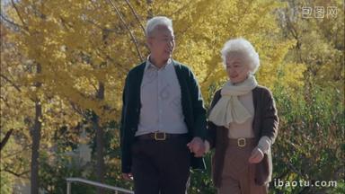 幸福的老年夫妇在公园里散步